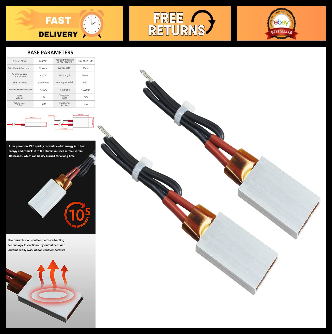 2PCS PTC Heating Element, Aluminum Shell Ceramic Heater, 12V