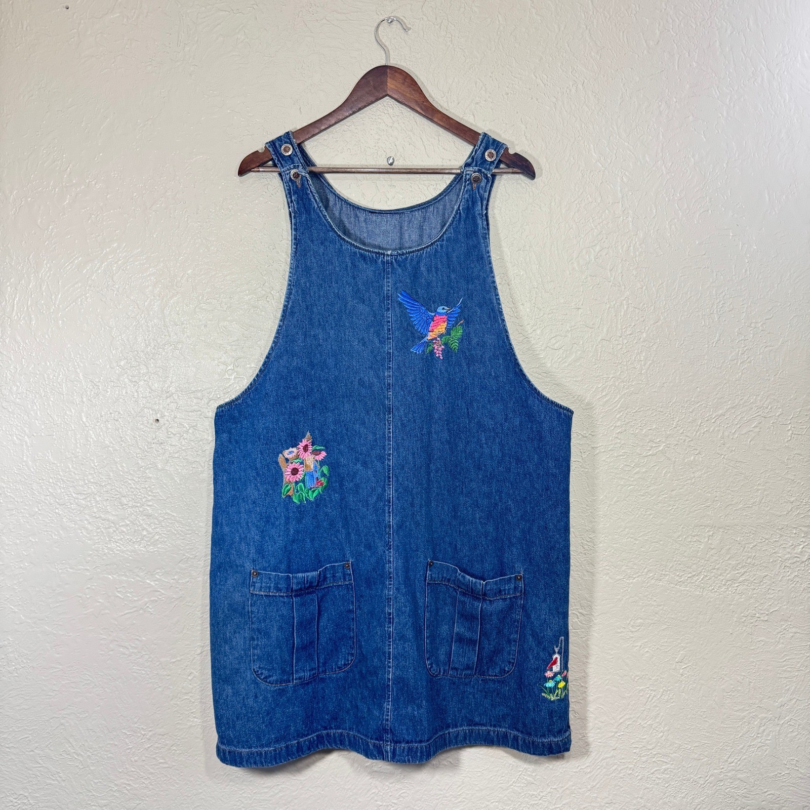 Vtg 90s Faded Glory Denim Overall Dress Jumper XL Embroidery Patches Cottagecore
