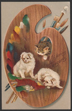 Helena Maguire Embossed Postcard Kitten & Pomeranian Puppies 1909