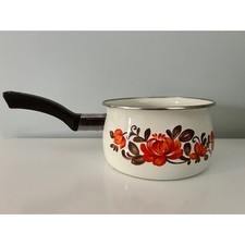Vintage 70s Sanko Enamelware Enamel Sauce Pot Orange Brown Floral Cookware