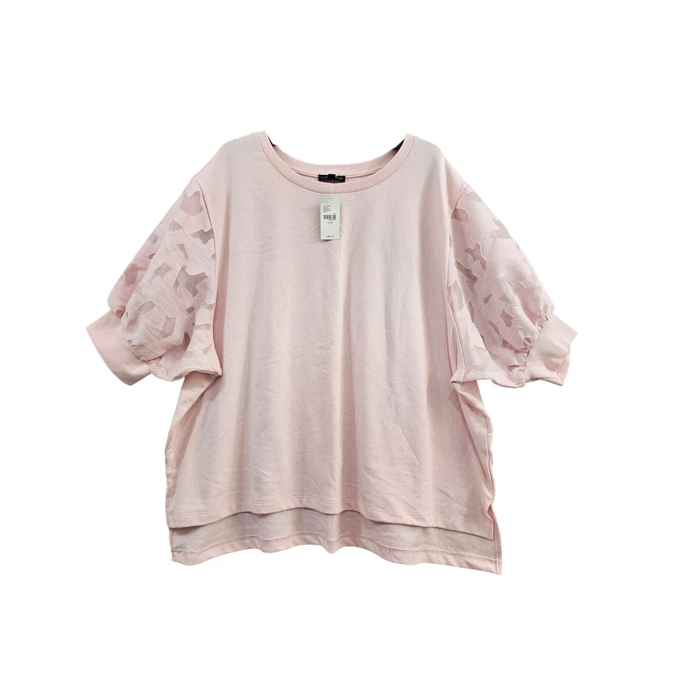 Lane Bryant Sweatshirt Womens 22/24 Pink Floral Lace Puff Sleeve High Low Hem NW - Image 1 of 4