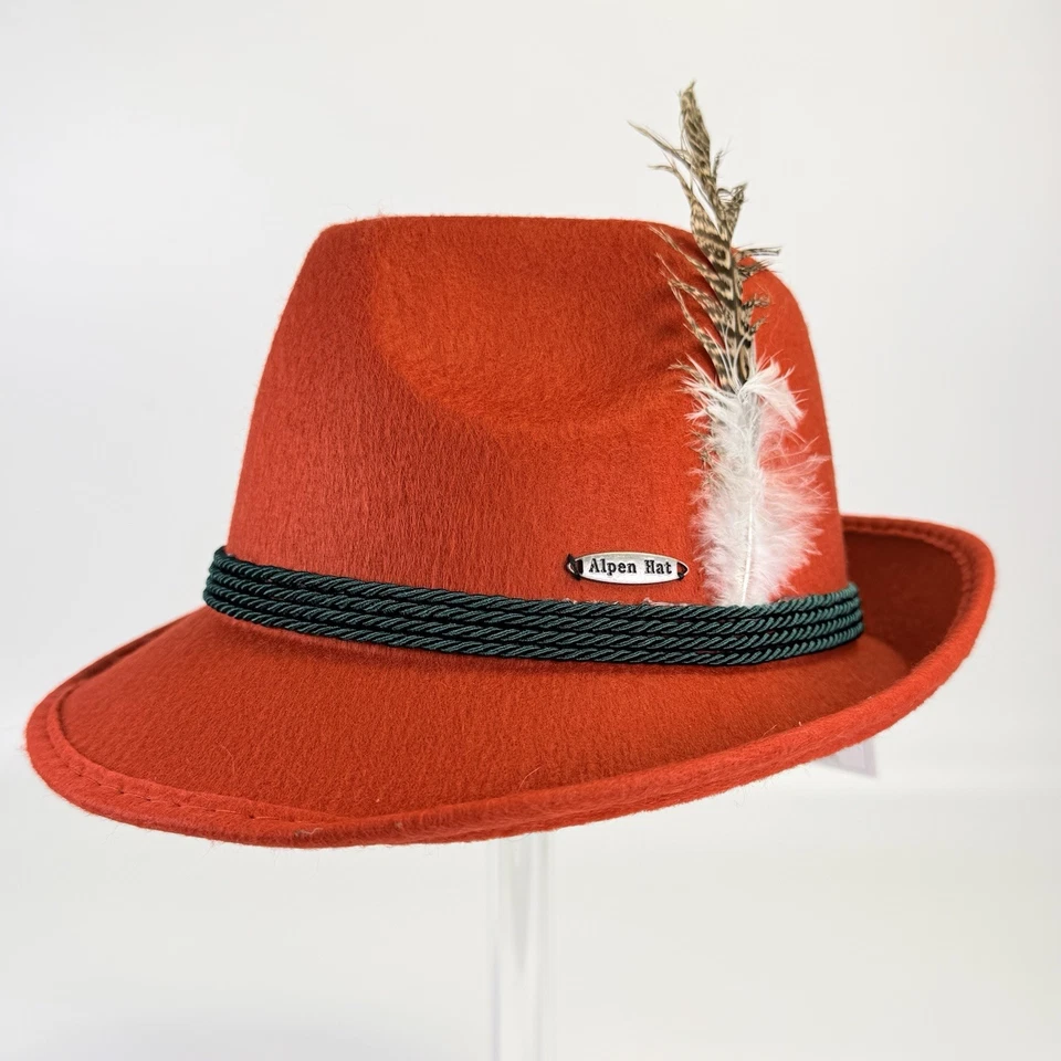 Red Wool Felt Hat German Bavarian Feather Fedora Oktoberfest Size Medium NWT - Image 1 of 4