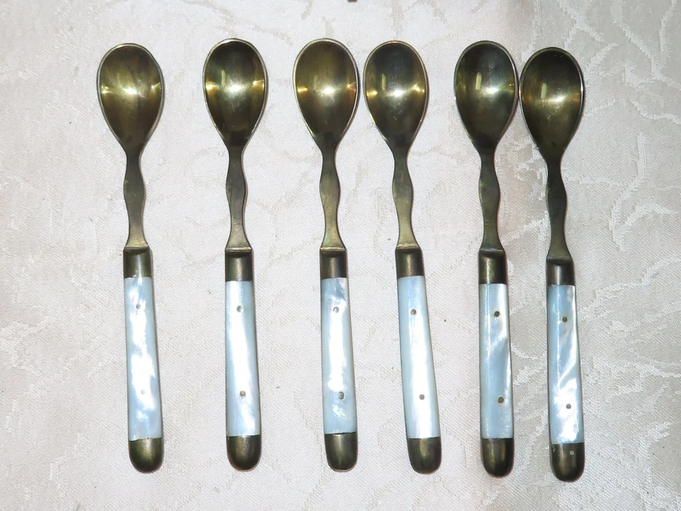 Antico Madre Perla Ottone Cucchiaio Posate! Con Box Posate! 6 Pezzi - Immagine 4 di 4