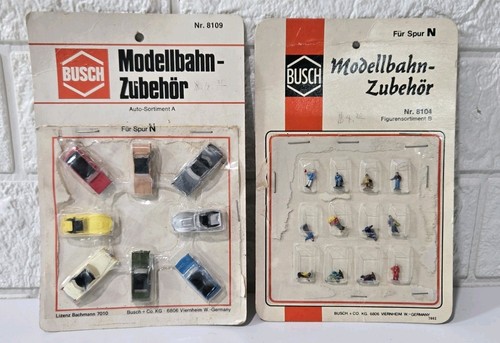 Vintage BUSCH Modellbahn Zubehor N Scale 8109 & 8104 Cars & People for Railroad  | Condition: New