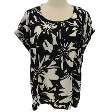 Nine West Blouse Black White Floral Cuffed Short Sleeve XXL