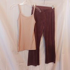 Womens Brown Velour Velvet Pants and Beige Tan Cami 2 Piece Lounge Set Outfit