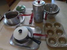 Lot of 14 Aluminum Child's pots  pans TEA POT  MUFFIN TIN, bundt, red handles