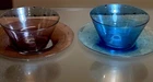 Steuben Glass-Set of 2 Bowl/Saucer Sets-Azur Blue& Rose Amber-Signed Saucers