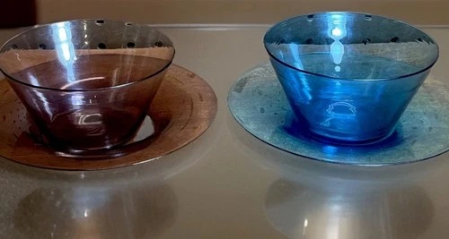 Steuben Glass-Set of 2 Bowl/Saucer Sets-Azur Blue& Rose Amber-Signed Saucers