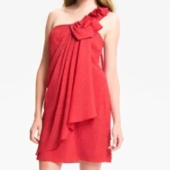 Max & Cleo Crimson Red One Shoulder Dress Ruffle Bow Sheer Overlay Size 10 - Image 2 of 4