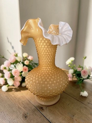 Vintage Fenton Honey Amber Hobnail Cased Milk Glass Ruffle Vase 11" Mid Century