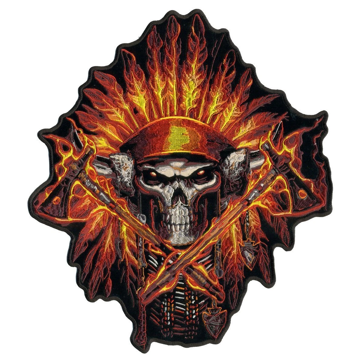FLAME HEADDRESS INDIAN, Exceptional Quality Iron-On/Saw-On Rayon PATCH, 11"x12"