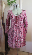 American Eagle Pink Cream Rayon Boho Dress Floral Tassels Balloon Sleeves, Small