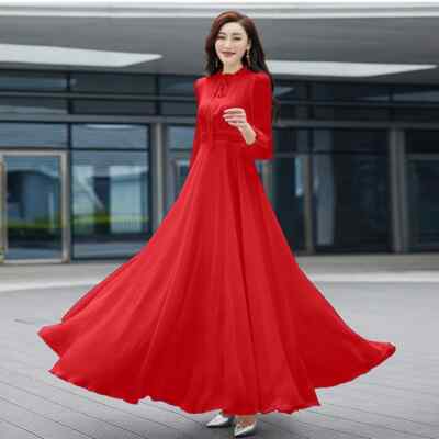 Elegant Casual O-neck Long Sleeve Dresses Spring Autumn Fashion Belt Chiffon | eBay Elegant Casual O-neck Long Sleeve Dresses Spring Autumn Fashion Belt Chiffon | eBay