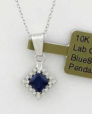 LAB CREATED 0.50 Cts BLUE SAPPHIRE PENDANT 10K WHITE GOLD - New With Tag