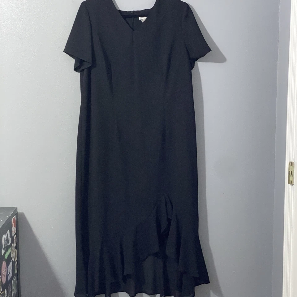 Vtg Black Midi Dress Asymmetrical Sheer Ruffle 18W USA 90s Grunge Goth Y2K - Image 3 of 4