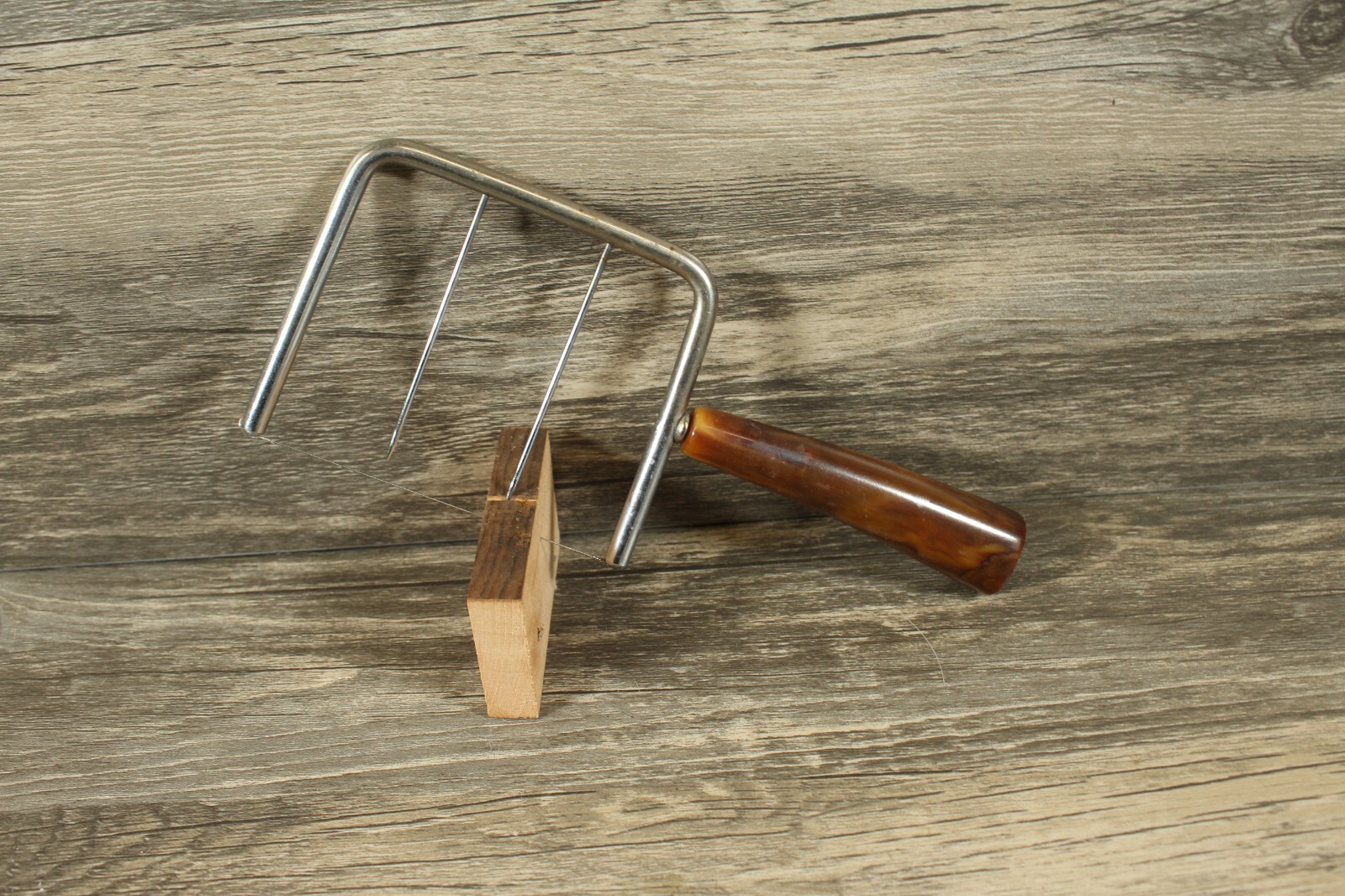 Vintage Cheese Slicer Cutter Bakelite Brown Marbled Handle With 2 Tines