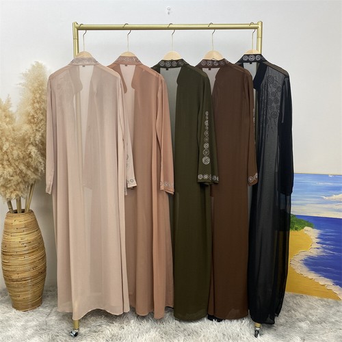 Elegant Dubai Chiffon Diamond Cardigan Dress Muslim Abaya Kaftan African Clothes - Picture 5 of 43