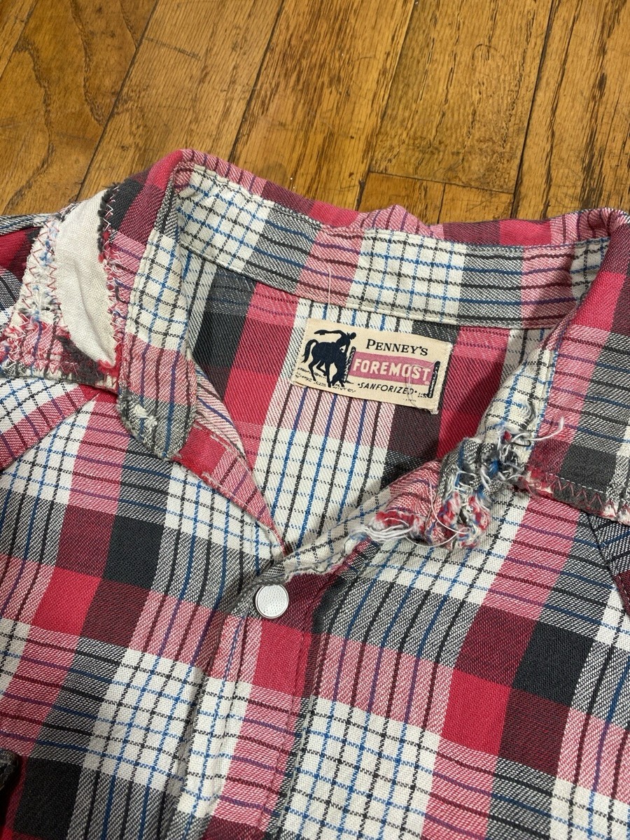 【special!!】50s print flannel shirt Vintage 1950s Flannel Shirt Mens Medium Red Plaid Long