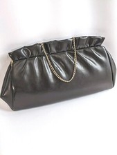Vintage Chocolate Brown Leather Clutch Ruffle Kiss Lock Chain Handle Lined