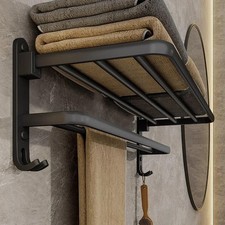 Matte Black Folding Towel Rack Wall Mount Aluminum Holder Hook Shelf 50CM Bar St