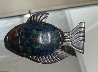 Vintage Bajen 925 Sterling Silver Fish Brooch Azurite Malachite Inlay 