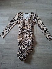 Quiz Beige & Black Leopard Print Stretch Dress Ruched Bodycon Party Evening UK8