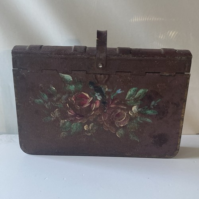 #ad Antique Tolewear Metal Tin Butler Pan Hand Painted Book Shaped Rusty OLD $28.44
