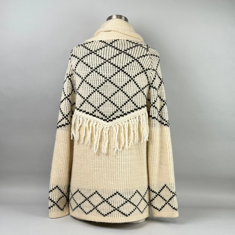 Cárdigan Suéter Línea y Punto Crema Negro Diamante Flecos Chal Cuello XS Foto 4 de 4