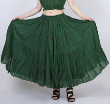 Women's 12 yard Cotton Long Maxi Casual Skirt With Drawstring Dark green Color