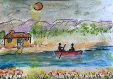 ACEO original Watercolor Landscape “A Day At The Lake” By Sibley 2.5x3.5