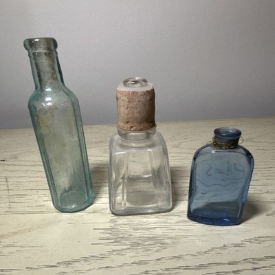 Lot of 3 Collectible Bottles Aqua, Clear, Blue Vintage