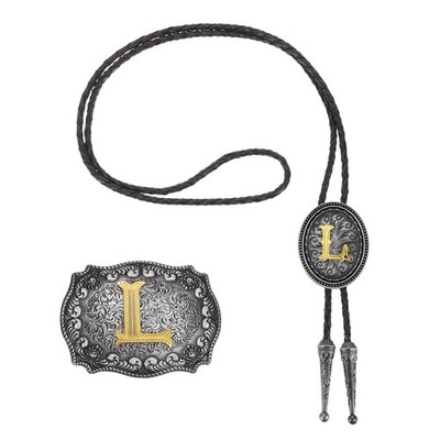 2 Pcs Western Cowboy Bolo Tie and Belt Buckle Set Golden Initial Letter l