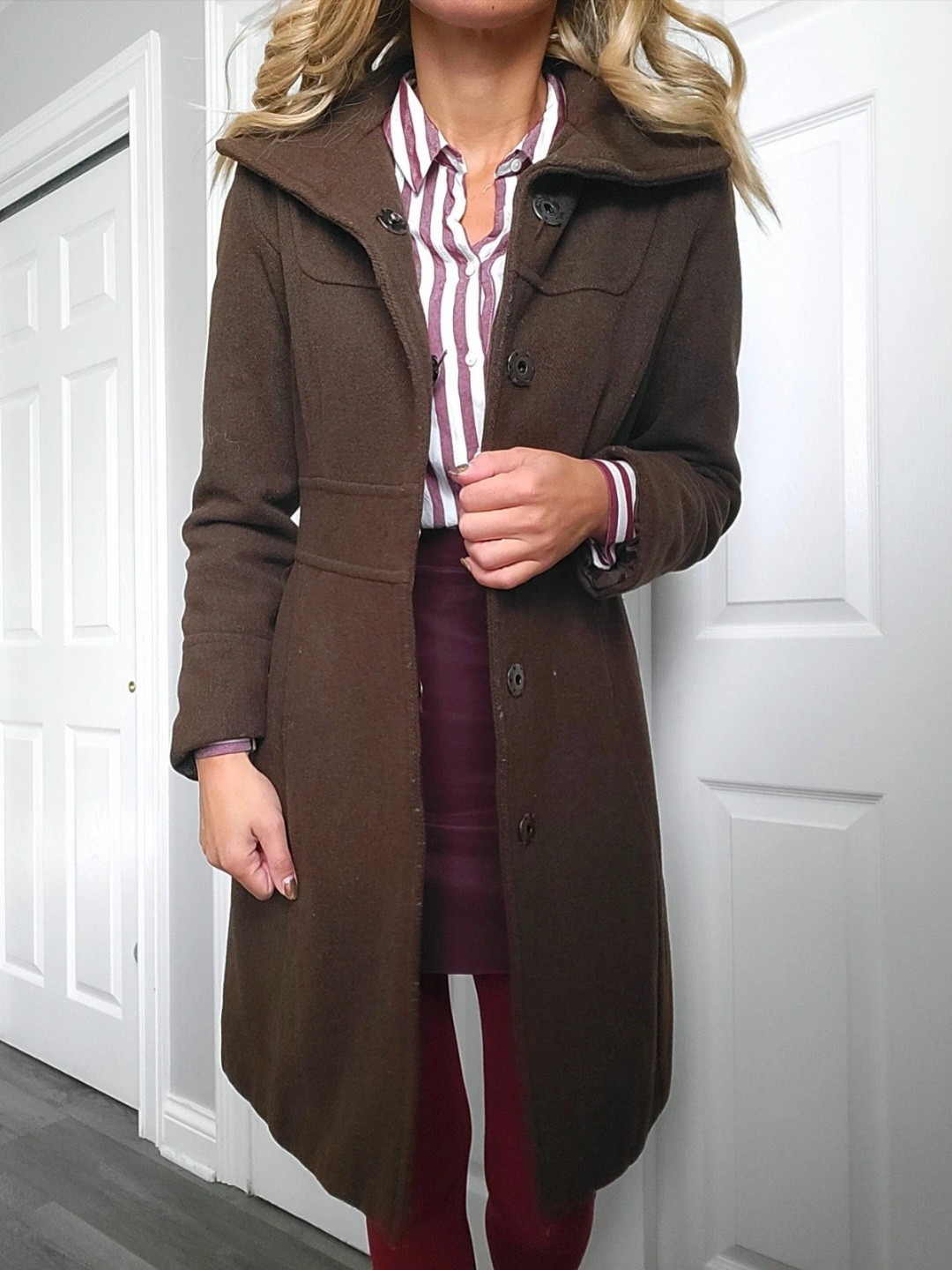 Mossimo Brown Mid-Length Overcoat Button Collared… - image 1