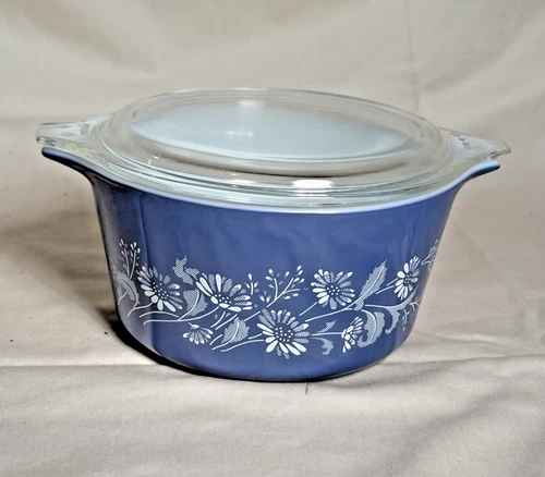Vintage Pyrex Casserole 1 Qt Dish w/Lid Blue Colonial Mist French Daisy 473-B