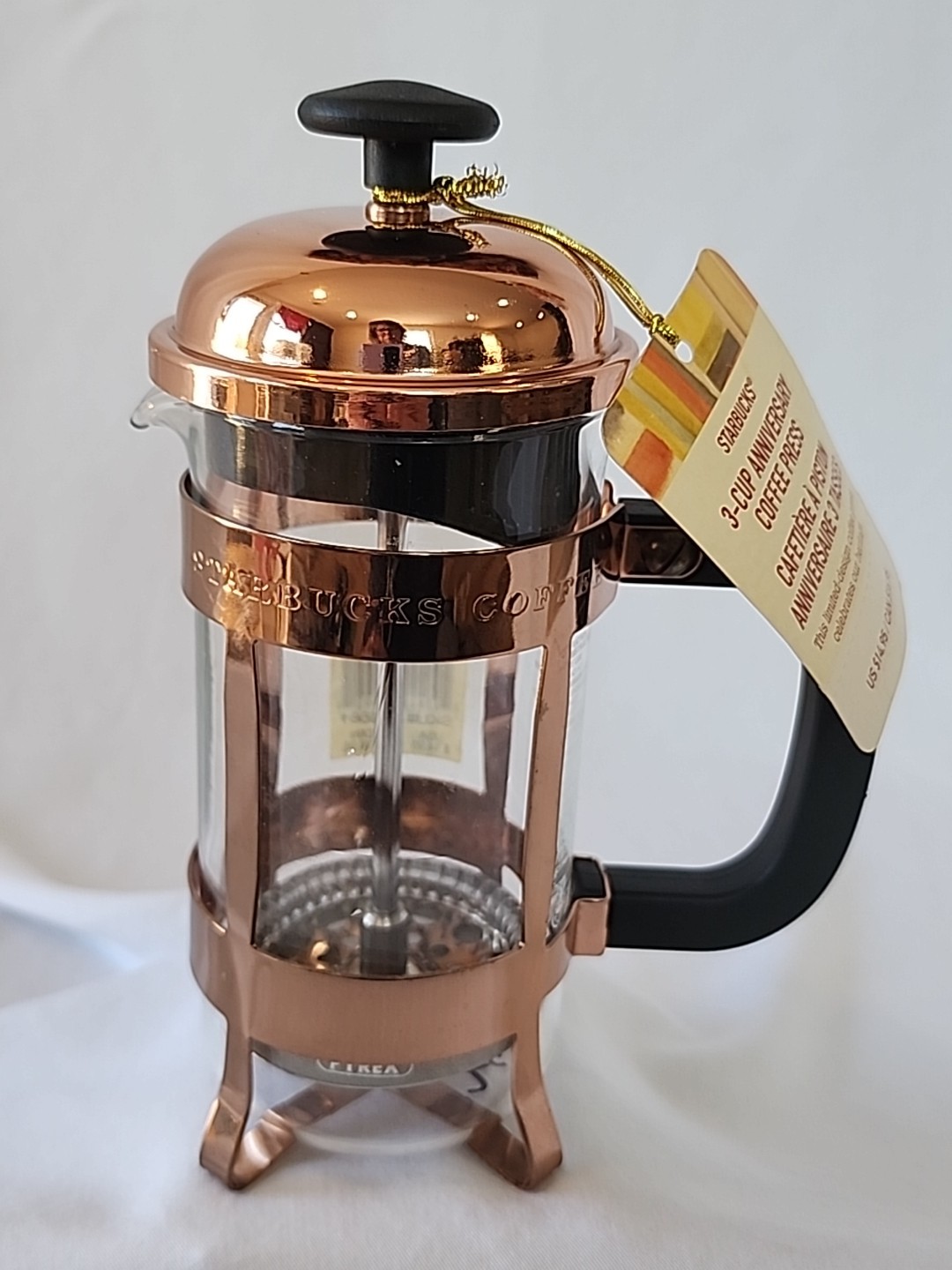 NEW Starbucks 12 oz Copper 3 Cup Anniversary Coffee Press  PYREX Body 