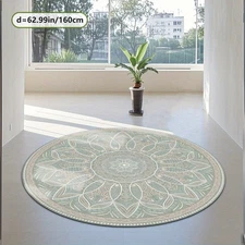 Velvet + Dotted Plastic Bottom Round Mat in Light Blue and Beige with Mandala Pa