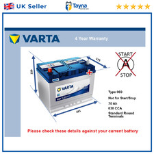 Car Battery E24 Varta 069 630A 70Ah 4Yr Warranty 261x175x220 Blue Dynamic