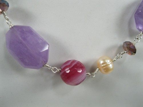 purple Amethyst 925 STERLING SILVER NECKLACE pearl red agate stone - Picture 5 of 10