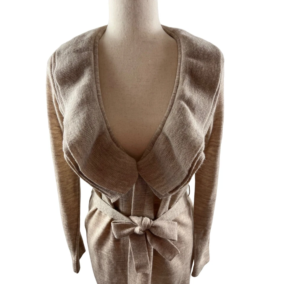 Carole Little Merino Lana Volantes Chal Cuello Cinturón Cárdigan Suéter Pequeño Tostado Foto 2 de 4