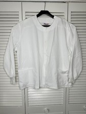 Womens Medical Nursing Scrub Jacket White Button Up Long Sleeve