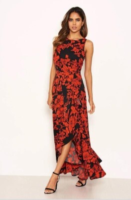 Ax Paris red floral midaxi dress, Impressive red midi dress Size L/XL UK14  US10 | eBay
