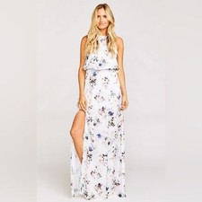 NEW Show Me Your Mumu Maxi Dress Womens White Floral Halter Satin Bridal Size S
