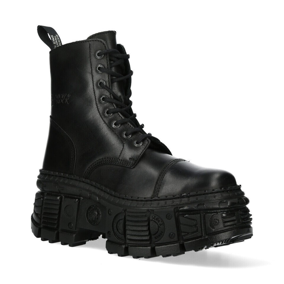 New Rock Stivali Platform Unisex M-MILI084N-S5, Pelle E Fodera In Pelle, Tacco 7cm, Stringati, Taglia 37 EU
