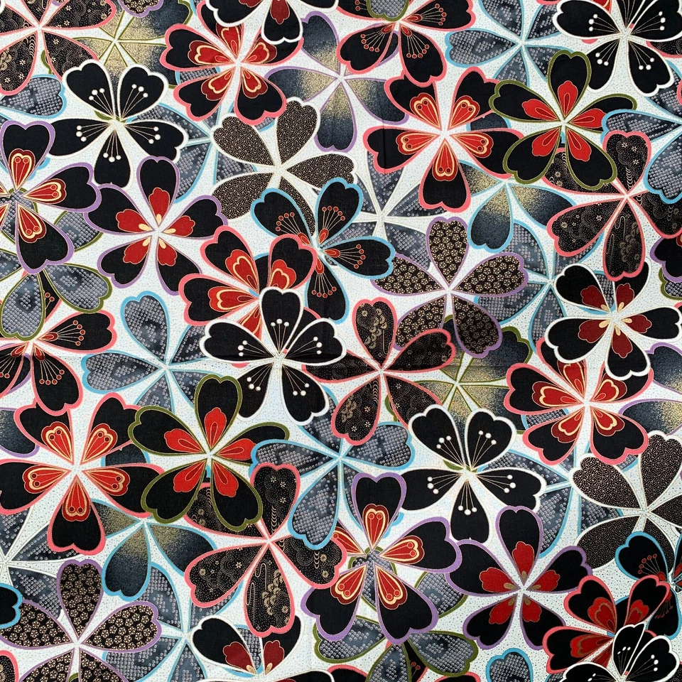 Nueva Tela Kaufman 4yds Satsuki Rojo y Negro Audaz Floral Detalle Dorado Hecho en Japón Foto 2 de 4