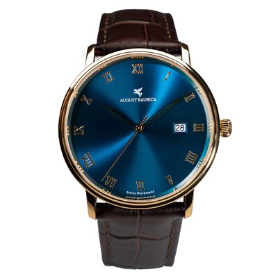 Mens Watch Blue Leather Strap Classic Quartz Analog Waterproof August Raurica