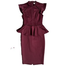 Bisou Bisou Dress Womens 4 Claret Peplum Skirt Mandarin Collar Ruffle Vintage