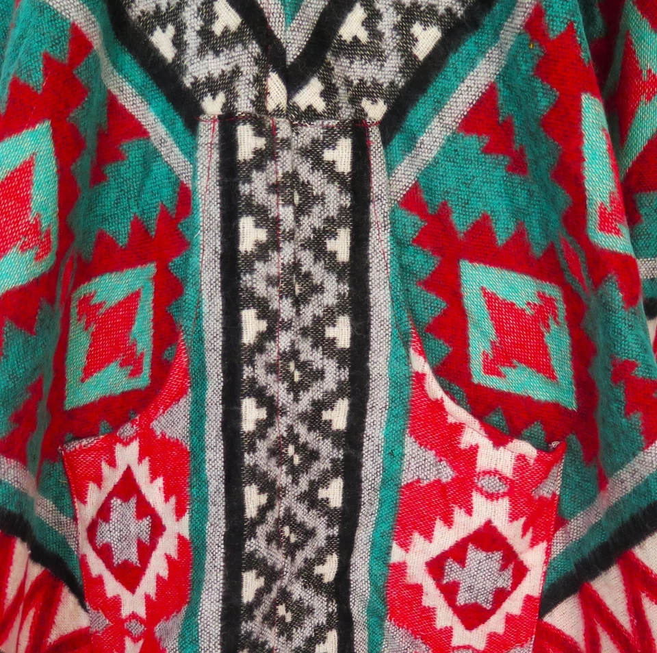 Poncho|2 Botones| Flecos| Capucha+Bolsillo | Boho | Azteca | Mezcla de Lana Yak|1 Talla| Aqua Foto 4 de 4