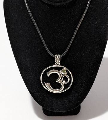 925 Sterling Silver Om Pendant with Green Chakra Stone on an 18'' Corded Necklace