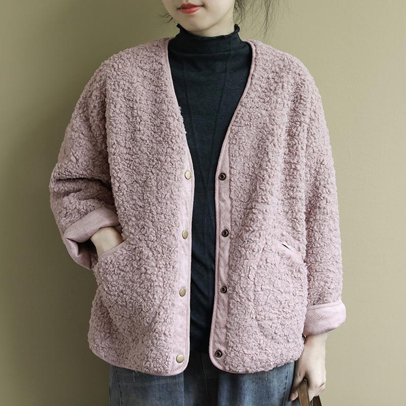 Women's Plush Faux Fur Lamb V-Neck Long Sleeve Loose Coat Jacket